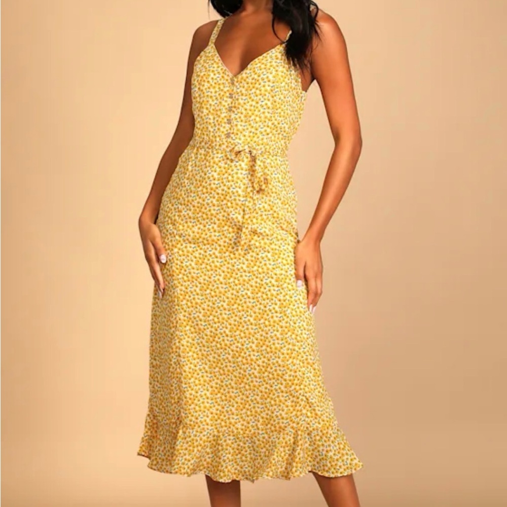 Lulu's Yellow Floral Midi Dress
